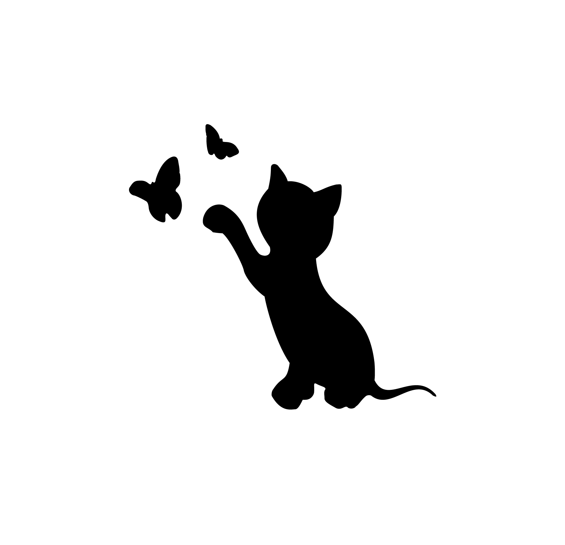 Chat silhouette fine entouré de papillons pour tatouage temporaire poétique