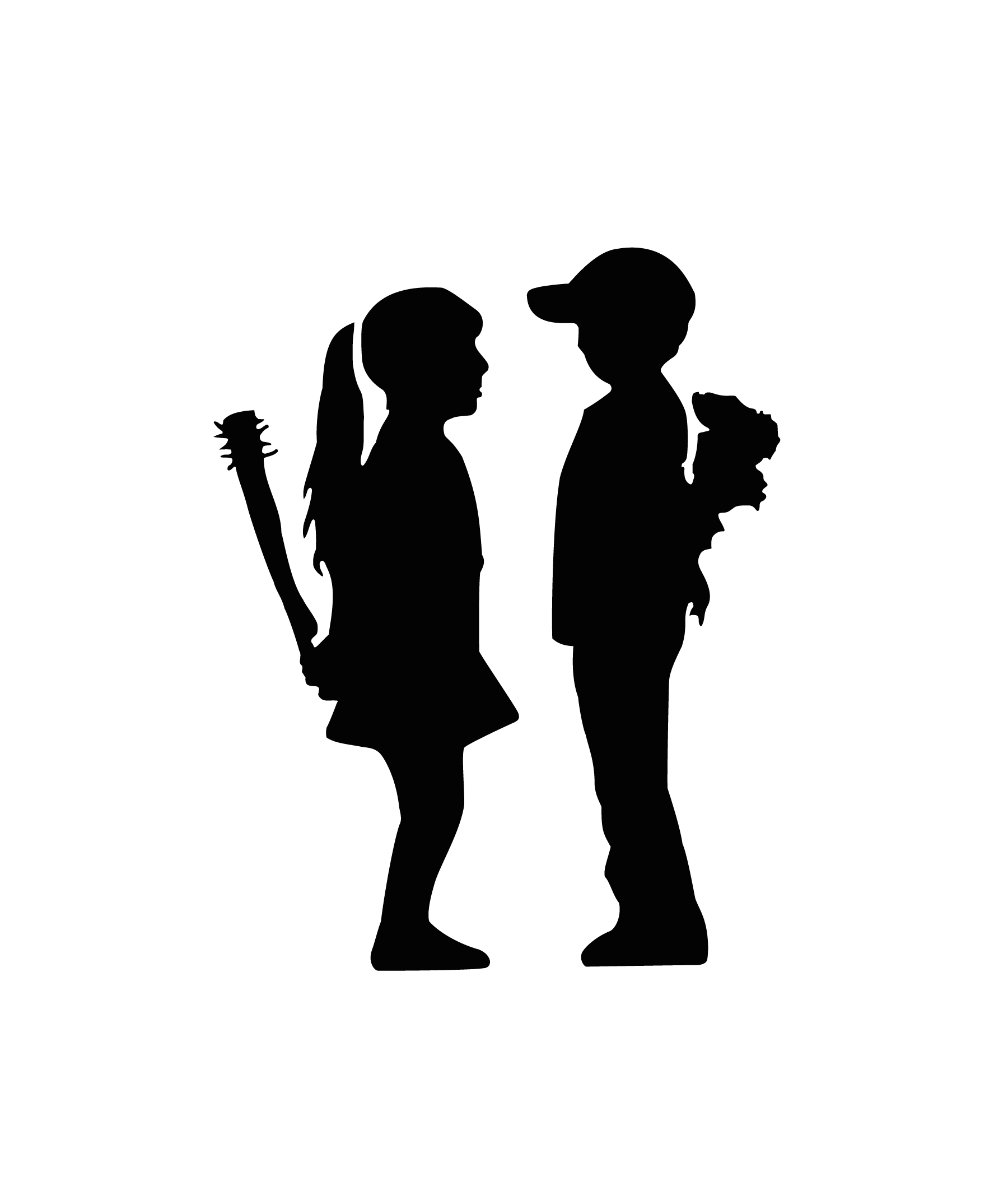 Garçon cachant fleurs et fille tenant batte style street art pour tatouage temporaire artistique