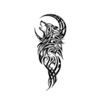 Image d'un tatouage temporaire représentant un loup hurlant à motif tribal et une lune en arrière plan.