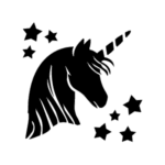 Image d'un tatouage temporaire représentant une tête de licorne entouré d'étoiles.