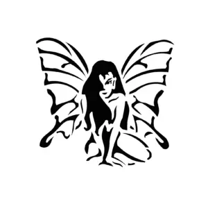 Fée assise aux ailes déployées au tracé fin pour tatouage temporaire poétique