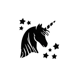 Tête de licorne stylisée entourée d’étoiles pour tatouage temporaire doux