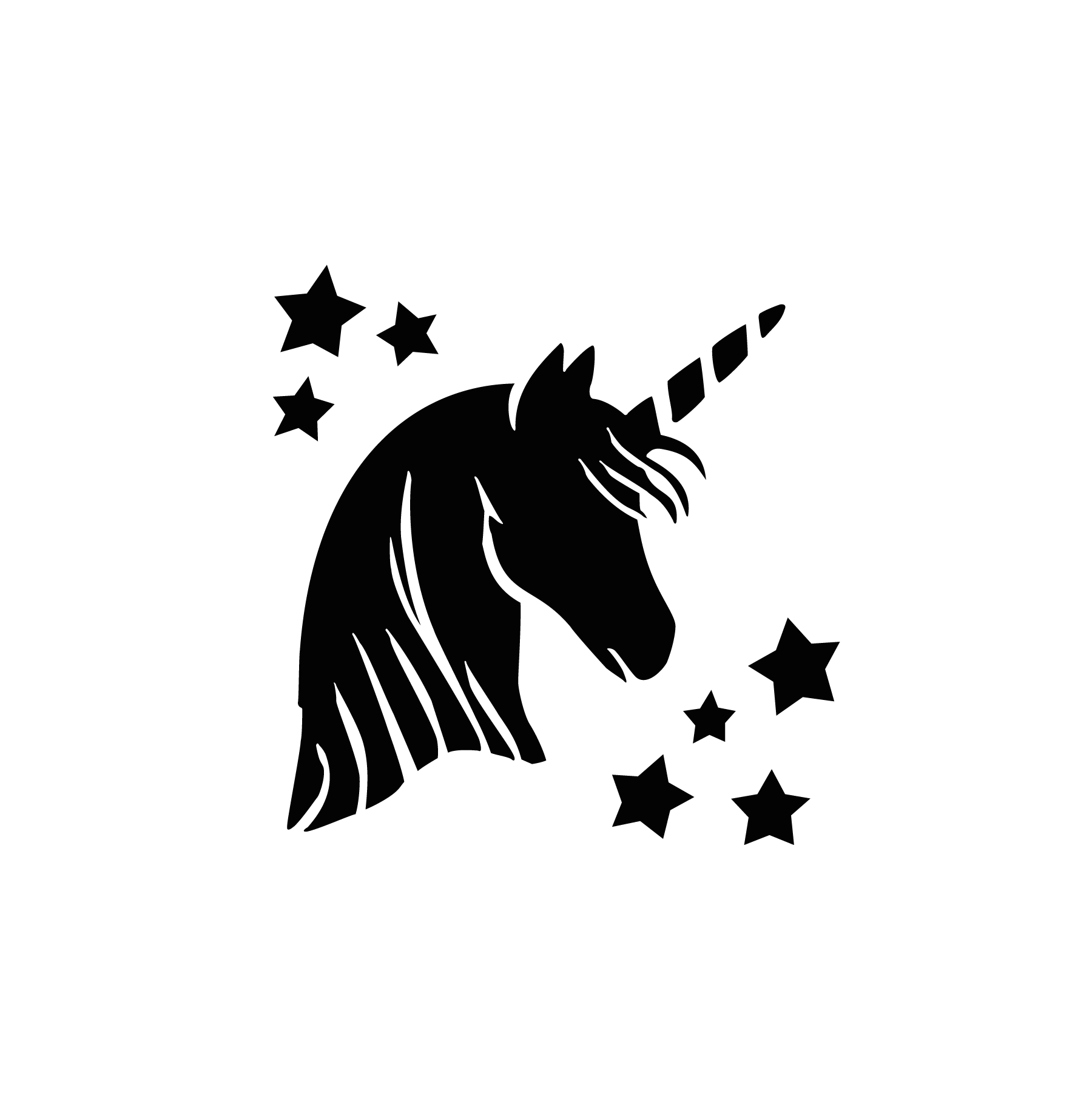 Tête de licorne stylisée entourée d’étoiles pour tatouage temporaire doux