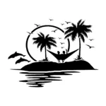 Soleil avec île paradisiaque et palmier pour tatouage temporaire évoquant voyage et détente