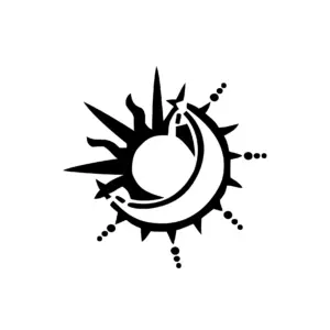 Soleil et lune cosmique fusionnés aux formes harmonieuses pour tatouage temporaire astral et apaisant