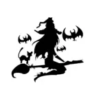 Sorcière sur balai avec chat et chauves-souris pour tatouage Halloween mystique