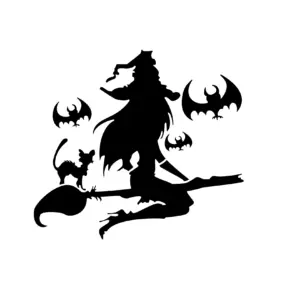 Sorcière sur balai avec chat et chauves-souris pour tatouage Halloween mystique