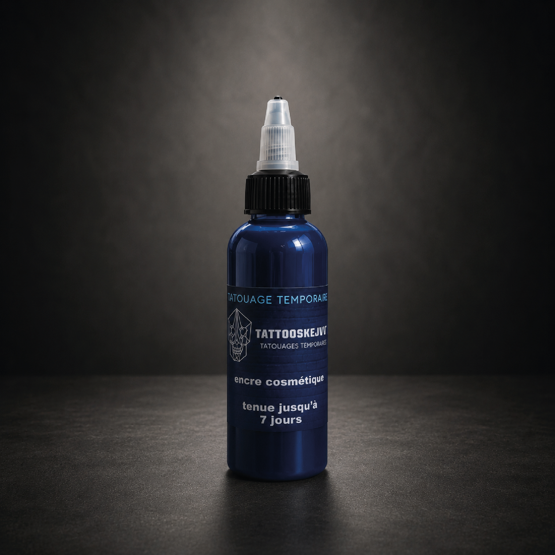 Flacon de 100 ml d’encre bleue à séchage rapide pour tatouage temporaire avec tenue jusqu’à 7 jours.