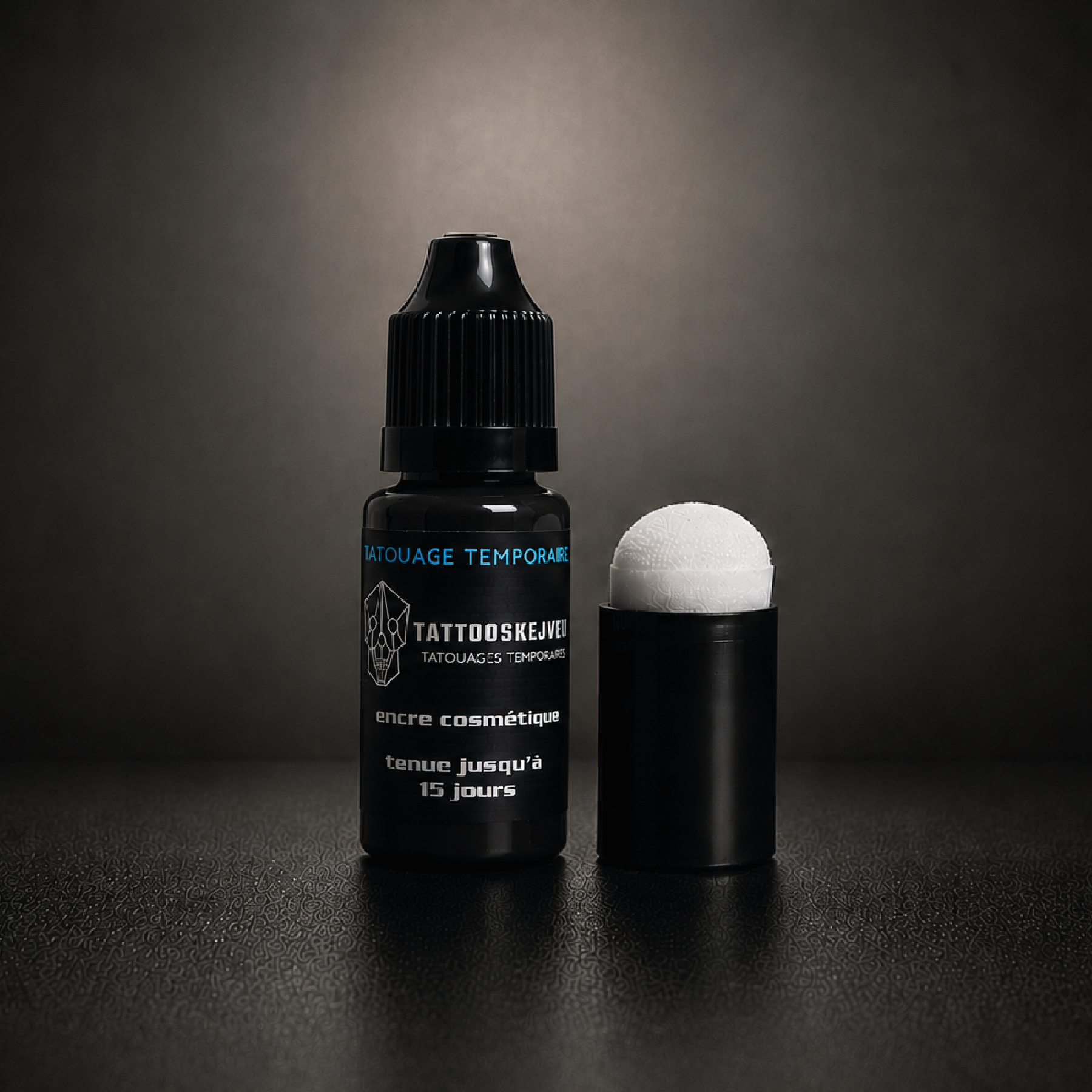 Encre longue durée noire 10 ml pour tatouage temporaire avec applicateur mousse, tenue jusqu’à 15 jours