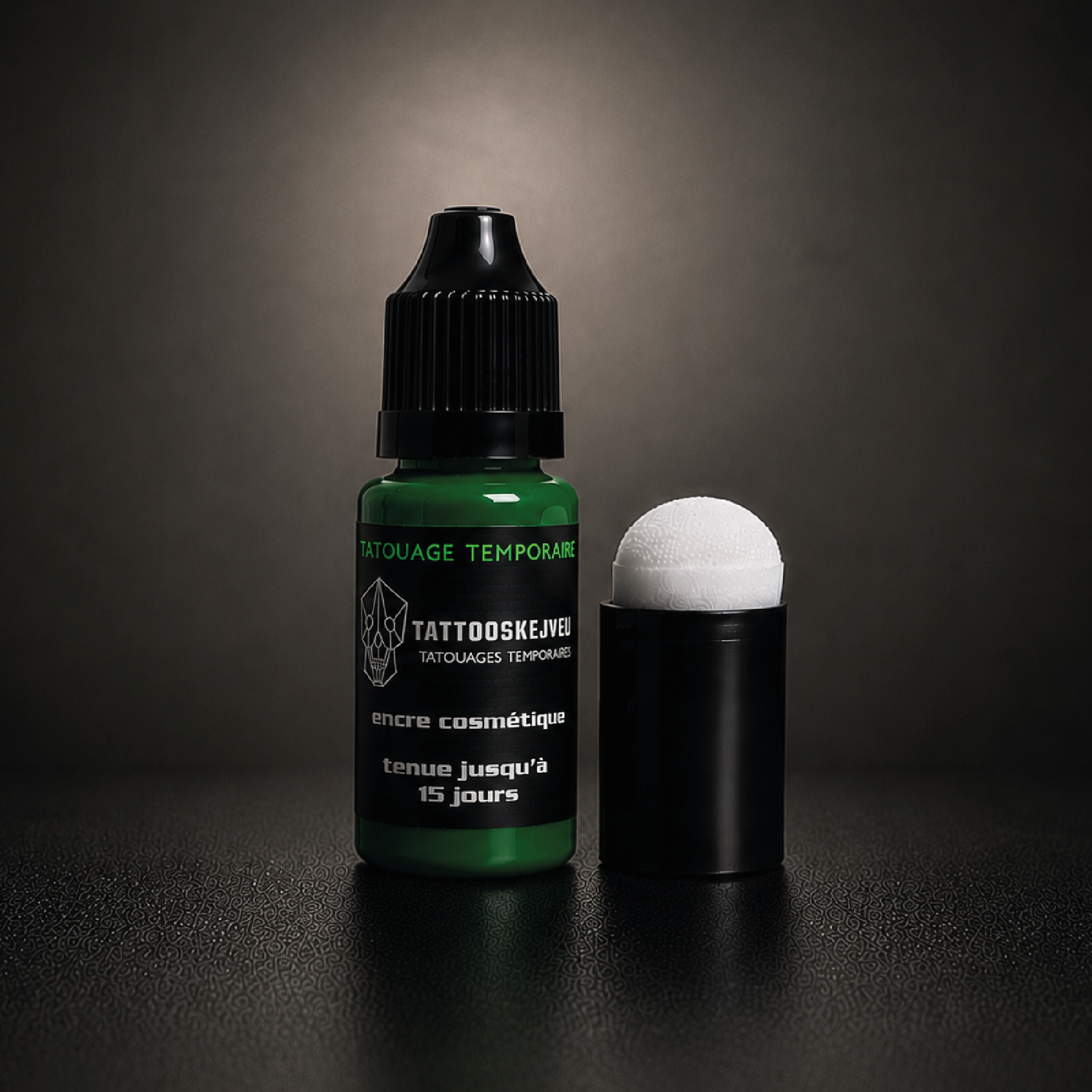 Encre longue durée verte 10 ml pour tatouage temporaire avec applicateur mousse, tenue jusqu’à 15 jours, résistante à l’eau et aux frottements légers