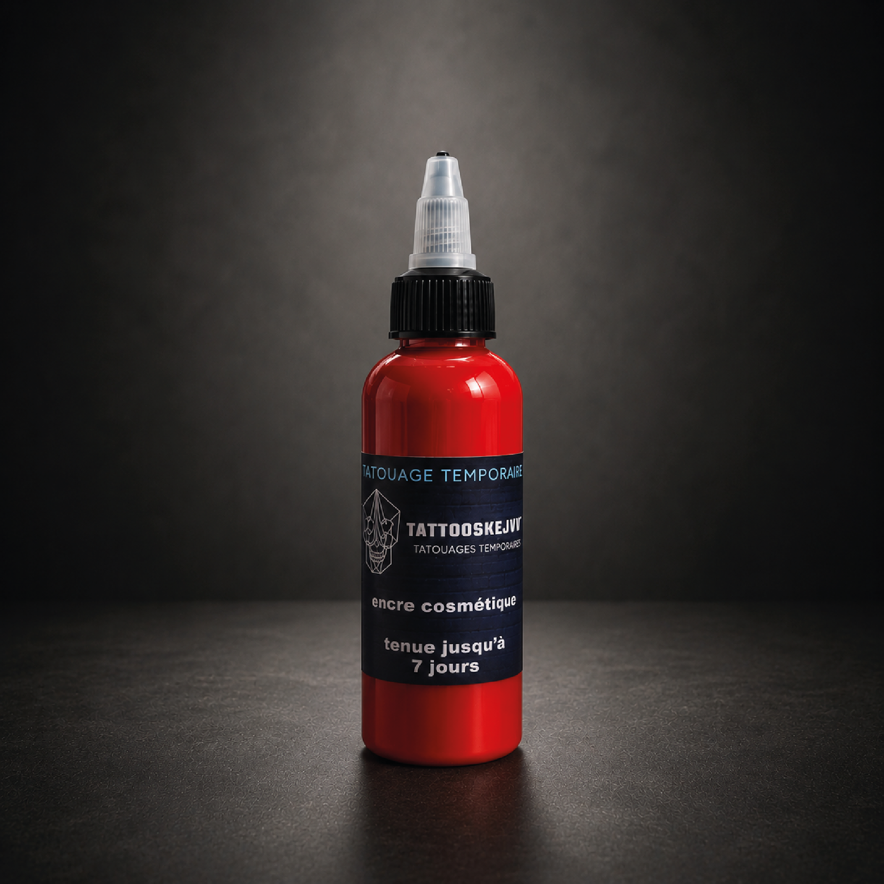 Flacon de 100 ml d’encre rouge à séchage rapide pour tatouage temporaire avec tenue jusqu’à 7 jours.