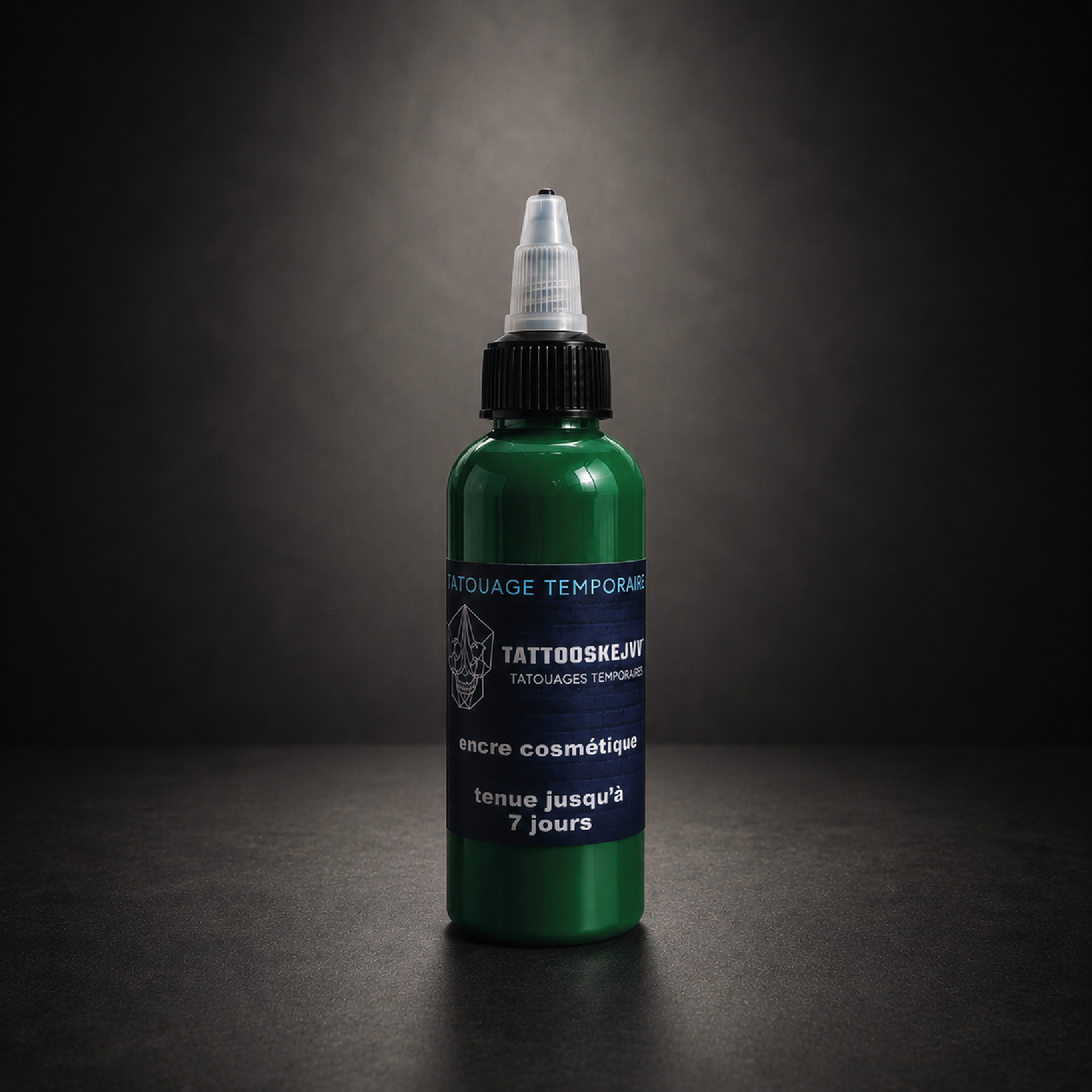 Flacon de 100 ml d’encre verte à séchage rapide pour tatouage temporaire avec tenue jusqu’à 7 jours.