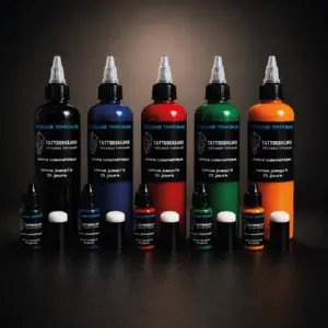 Collection d’encres longue durée pour tatouage temporaire en noir, bleu, rouge, vert et orange, disponibles en flacons de 10 ml et 100 ml.