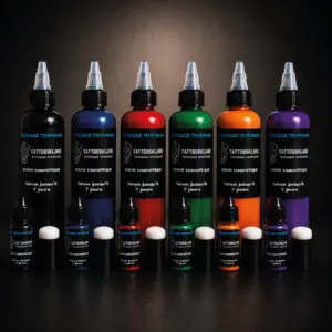 Collection d’encres à séchage rapide pour tatouage temporaire en noir, bleu, rouge, vert, orange et violet, disponibles en flacons de 10 ml et 100 ml.