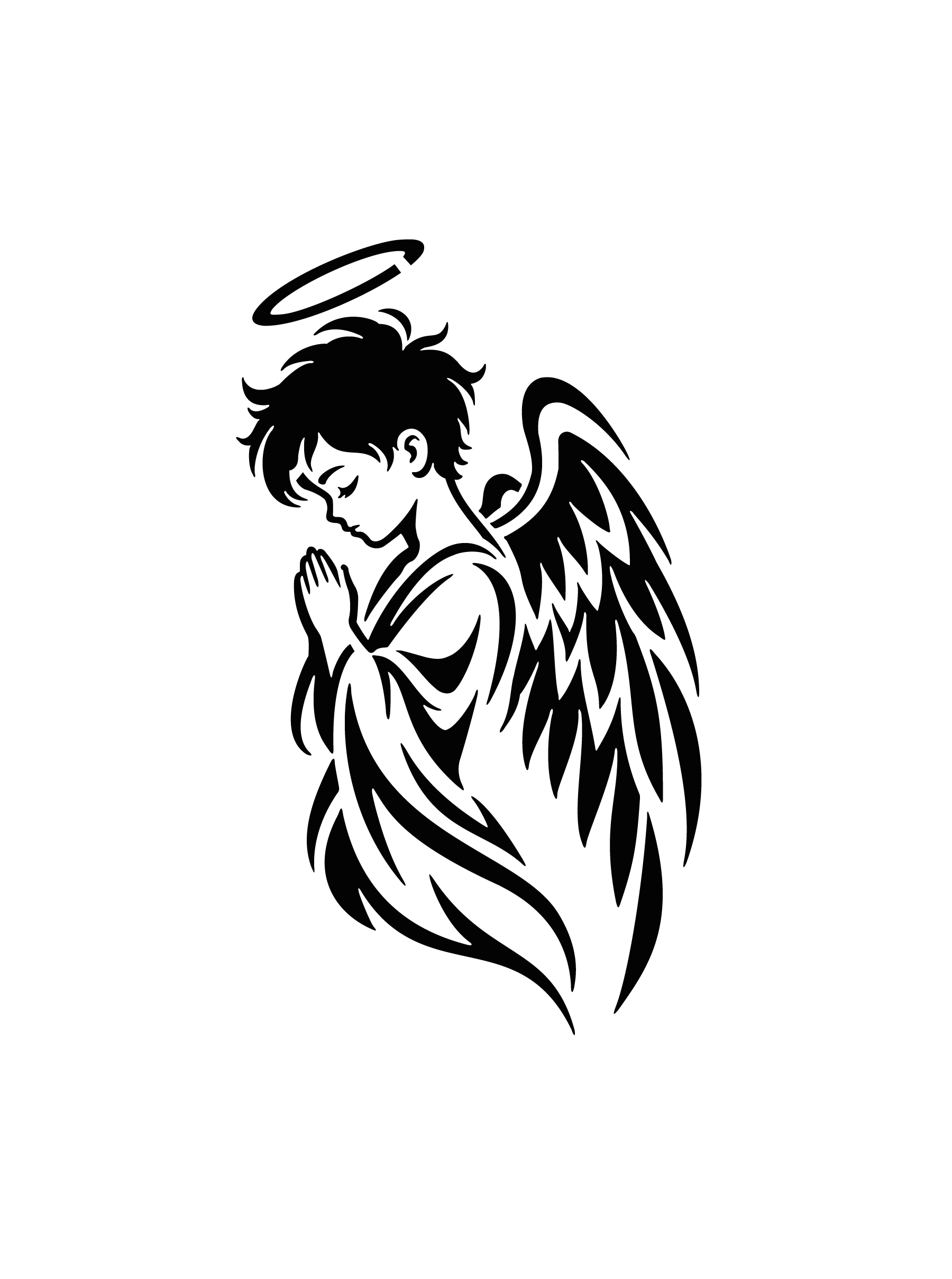 Ange en prière avec auréole et grandes ailes déployées pour tatouage temporaire spirituel