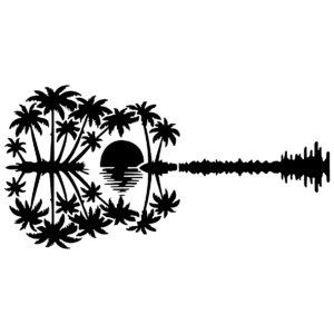 Tatouage guitare tropicale formée de palmiers, d'un soleil couchant et d'une onde sonore représentant le manche
