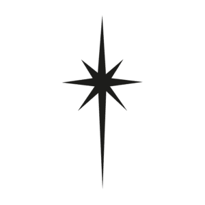 Pochoir tatouage éphémère étoile polaire noire à huit pointes, avec deux branches verticales allongées.