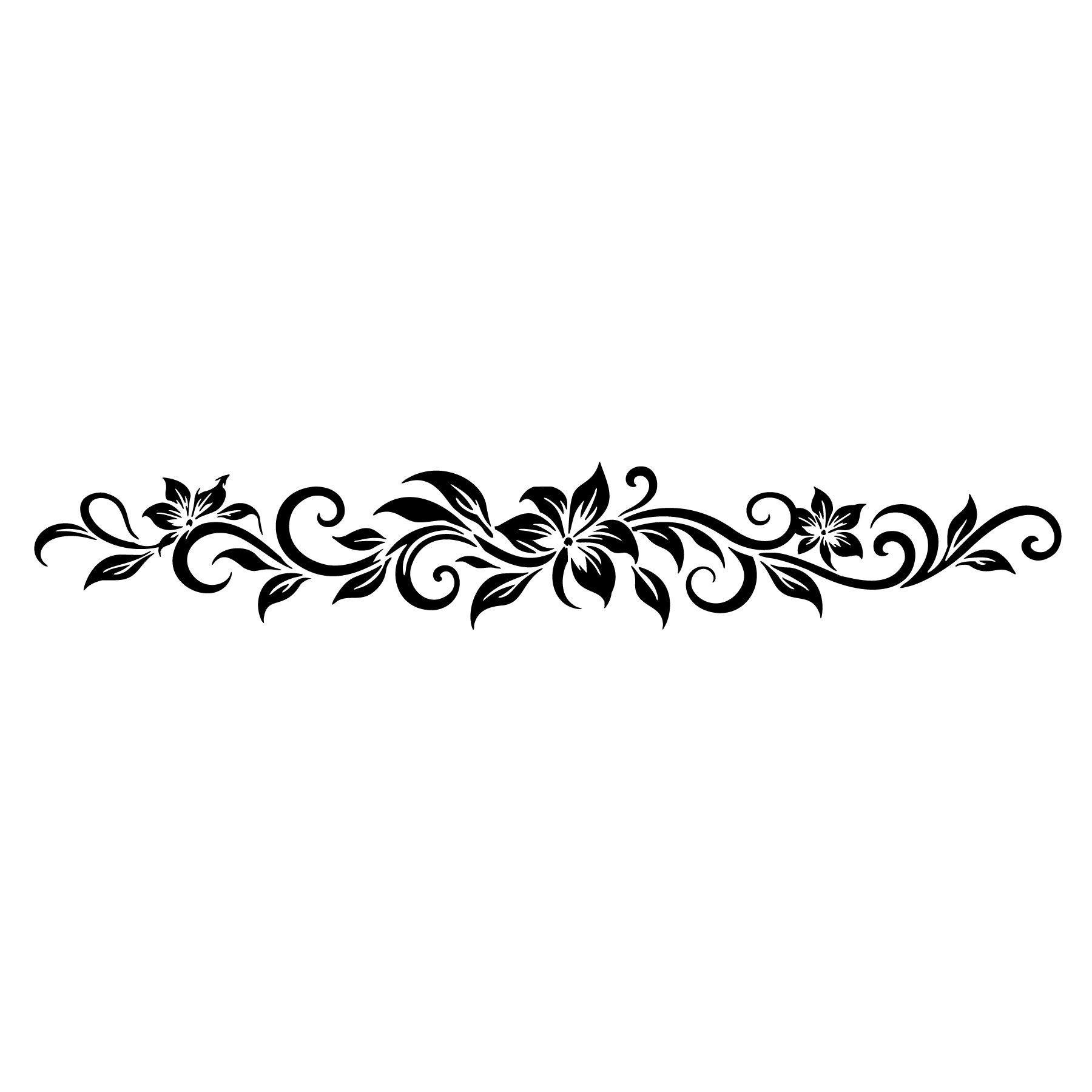 Pochoir tatouage éphémère tour de bras floral avec trois fleurs stylisées, feuilles et volutes élégantes.